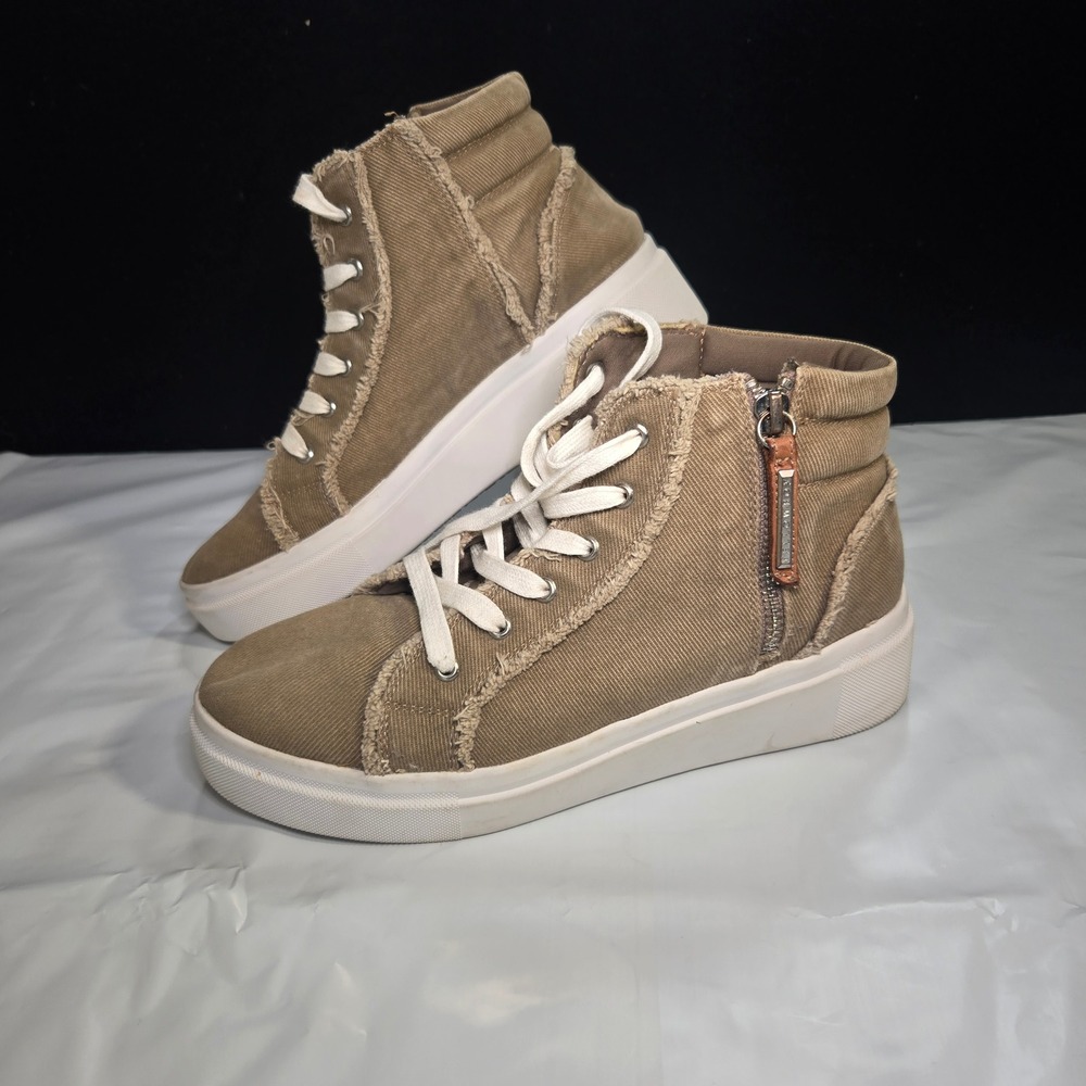 Yellow‎ Box Eleni High Top 8 Sneakers Taupe Canvas Frayed Platform Shoes Womens
